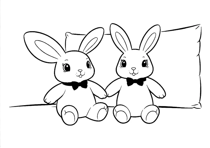 Stuffed Bunnies with Bow Ties on Bed