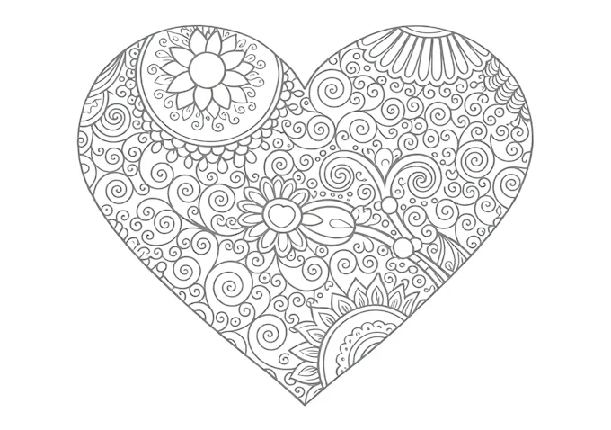 Intricately designed heart with decorative swirls coloring page