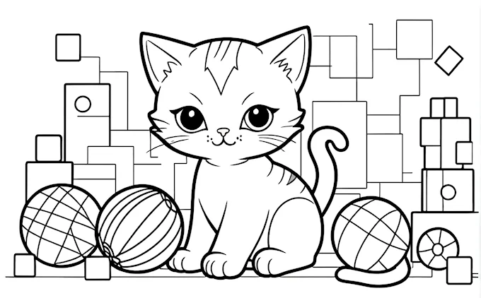 Cat sitting next to yarn balls with brick wall background