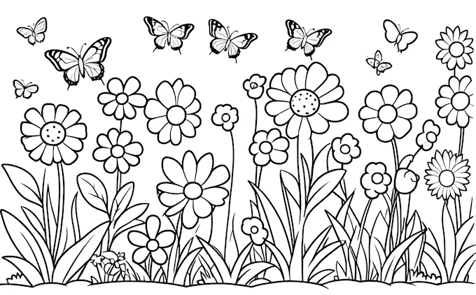 Field of flowers and flying butterflies with sky, line drawing