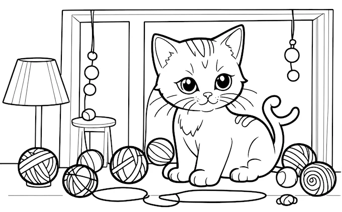 Cat sitting near window and lamp with yarn balls, coloring page