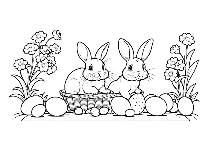 Bunnies in Basket with Easter Eggs Coloring Page