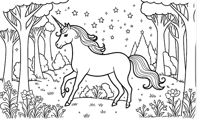 Unicorn in forest with stars and trees, black and white outline
