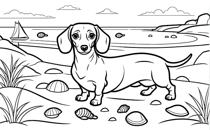 Dog on beach with rocks, shells, and sailboats in the distance