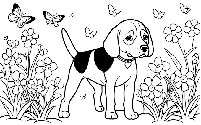 Dog in field with butterflies