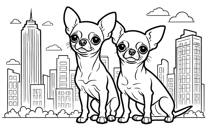 Two chihuahuas in city with skyscrapers