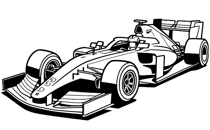 Race car with flat tires, black and white line art