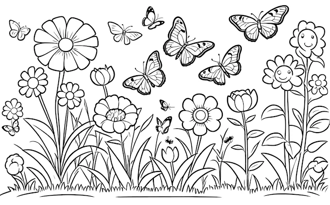 Field with flowers, butterflies and border, black and white