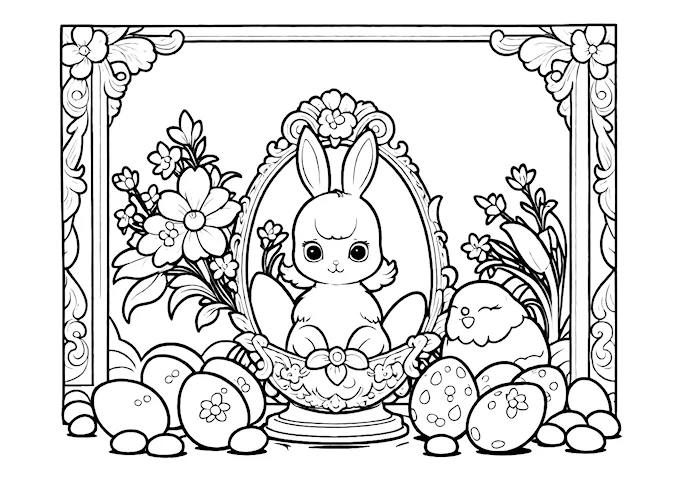 Bunny figurine in egg-flower frame with scattered egg shells photo