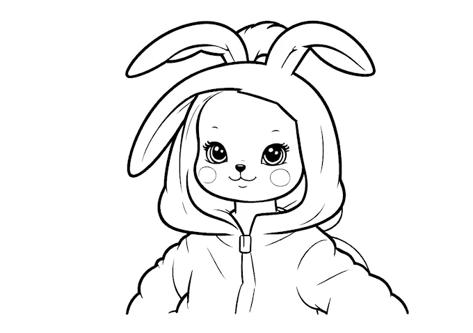 Charming baby in fluffy bunny costume coloring page