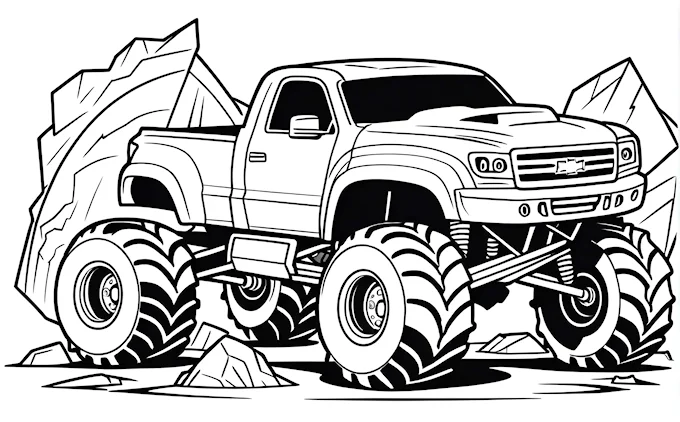 Large monster truck with big wheels, coloring page
