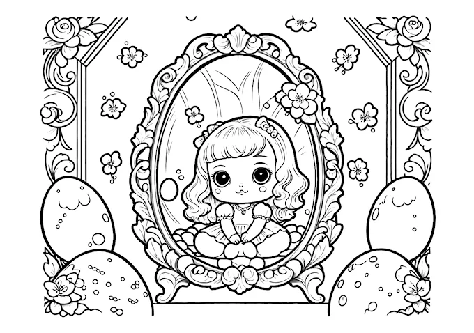 Doll in ornate mirror frame with eggs decor coloring page