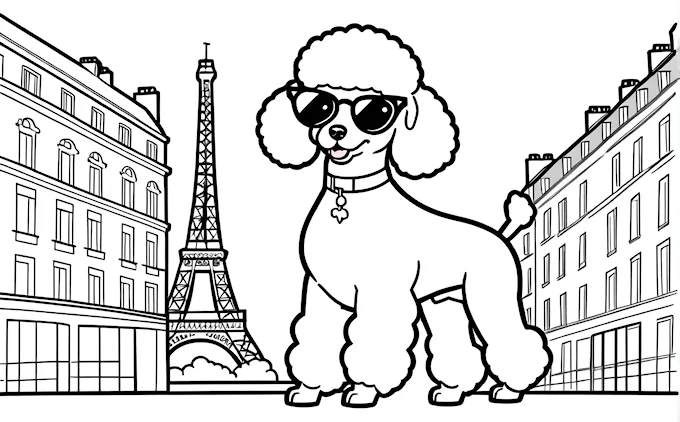 Poodle with sunglasses and hat at Eiffel Tower