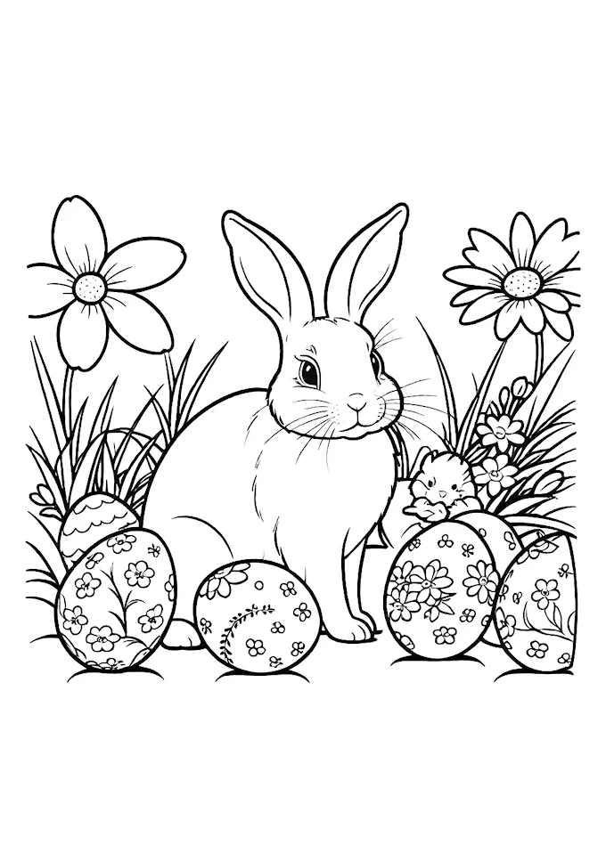 Bunny on eggs with decorated flowers Easter artwork