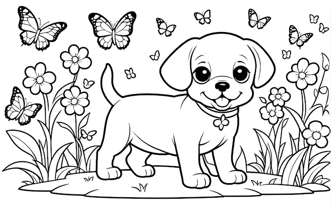 Puppy in grass, surrounded by butterflies, highly detailed