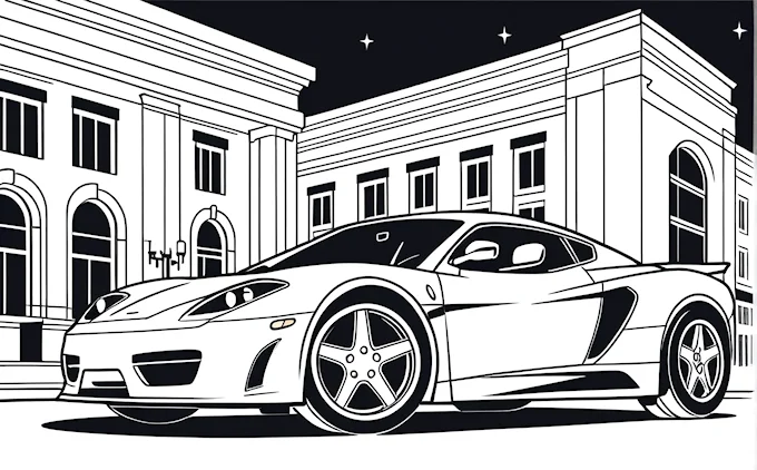 Sports car in front of building at night with stars and street light