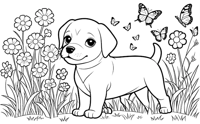 Puppy in field of flowers and butterflies