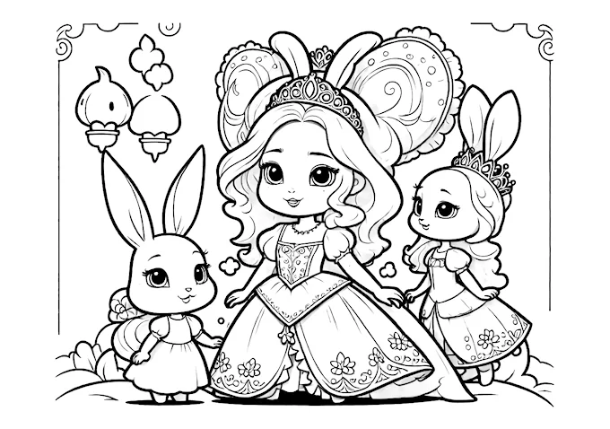 Enchanting fairy tale scene with princesses and rabbits coloring page