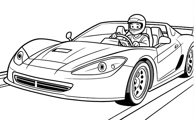 Cartoon car with driver and helmet on top