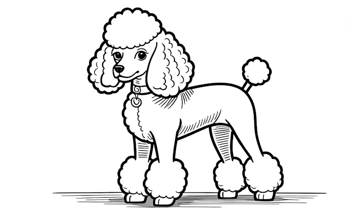 Poodle with poodle figure on its head and poodle tail, line drawing on white background