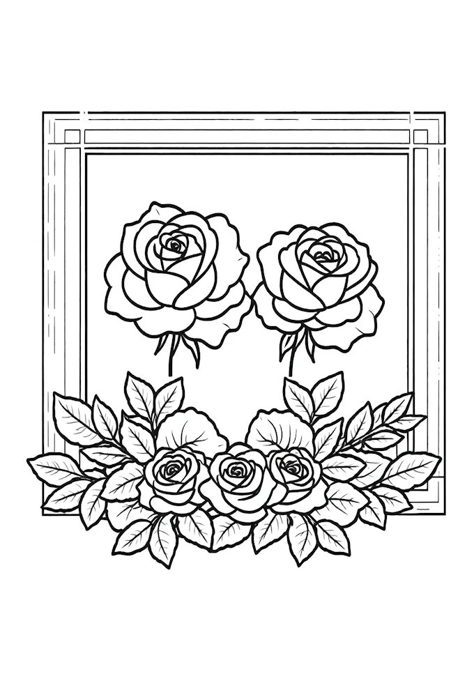 Black and white photo of arranged roses in frames coloring page