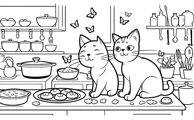 Two cats in kitchen with food and butterfly