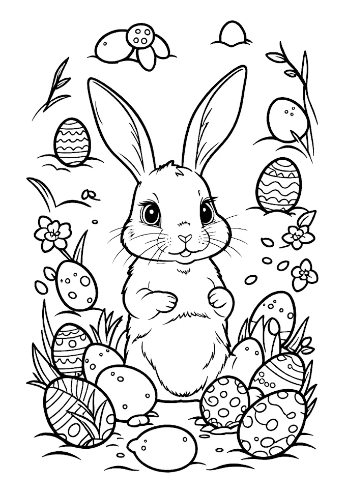 Cute bunny with colorful eggs scene coloring page