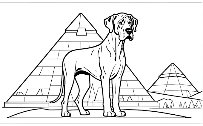 Dog standing in front of pyramid with multiple pyramids in background