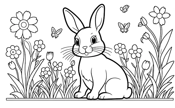 Child-friendly rabbit in grass with flowers and butterflies