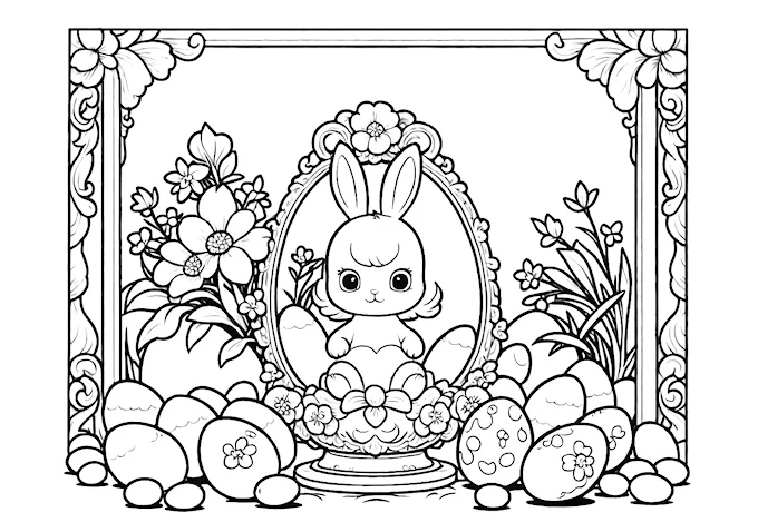White bunny figurine in ornate egg-shaped frame with egg shells scene