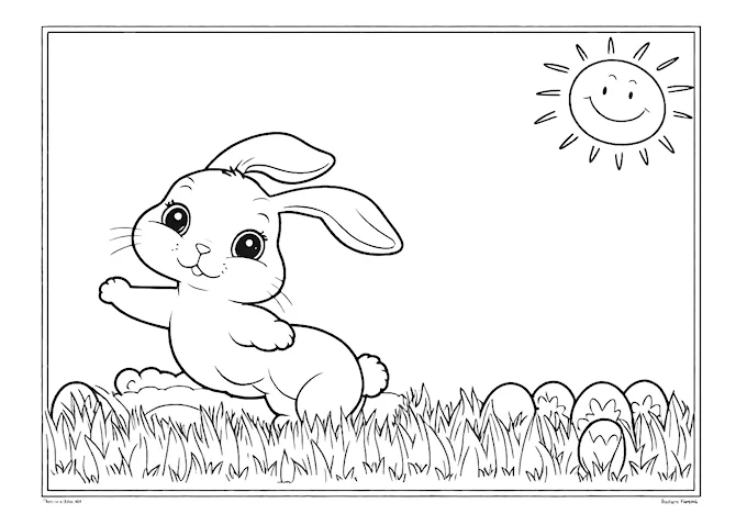 Bunny in focus with scattered elements in black and white drawing