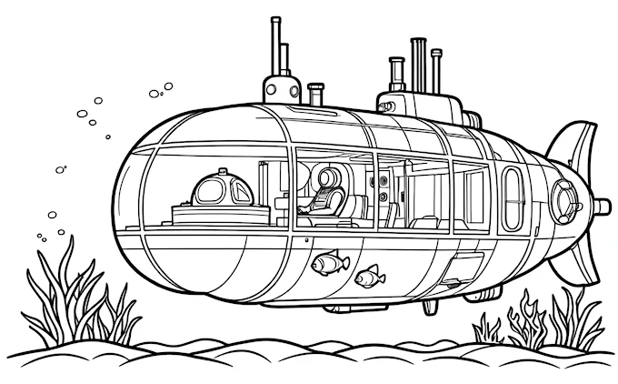 Submarine with man, fish, and bubbles, line art coloring page