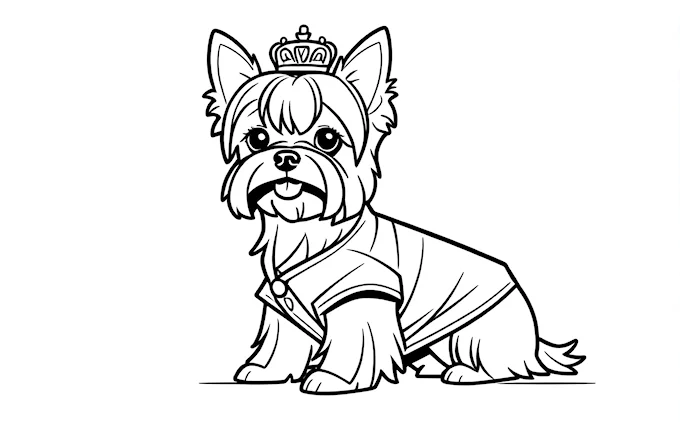 Dog with crown sitting in black and white outline