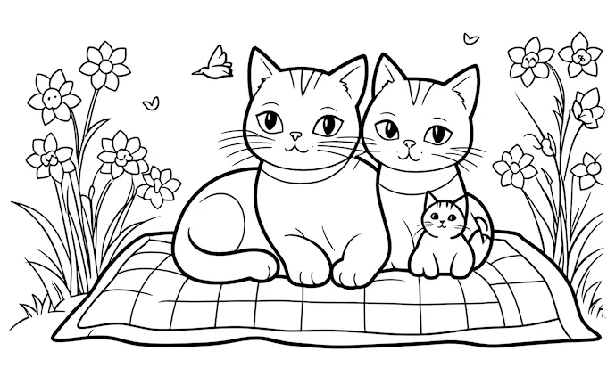Cat and kitten on a blanket surrounded by flowers and butterflies