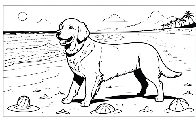 Dog on beach with ball and palm tree line art