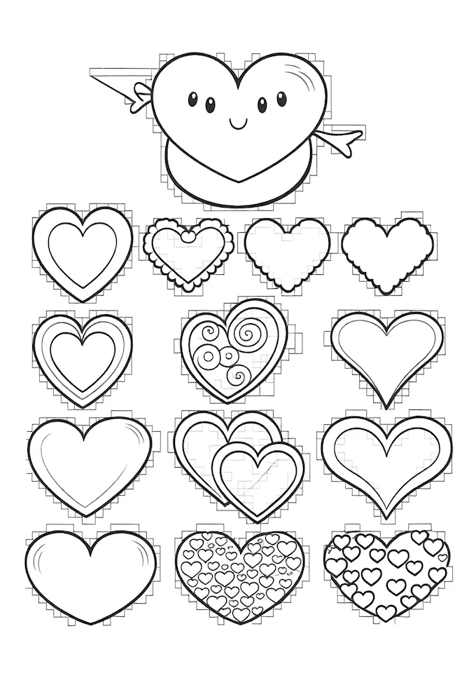 Heart collection in grid arrangement coloring page
