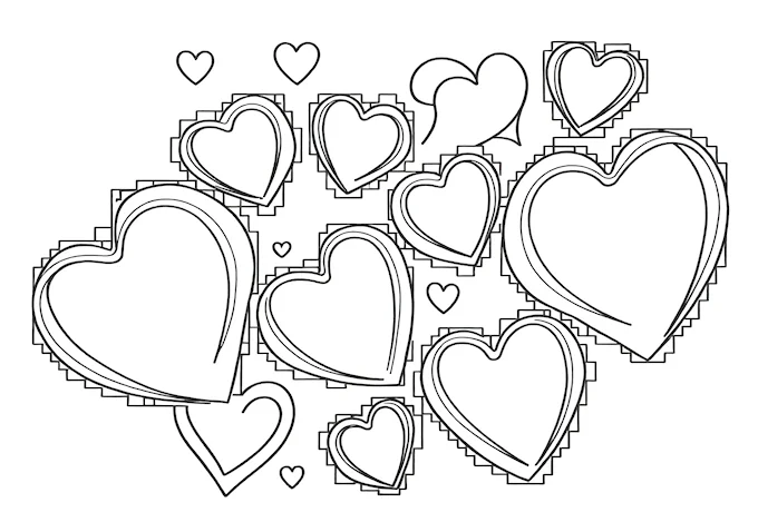 Varied heart designs on diverse backgrounds coloring page