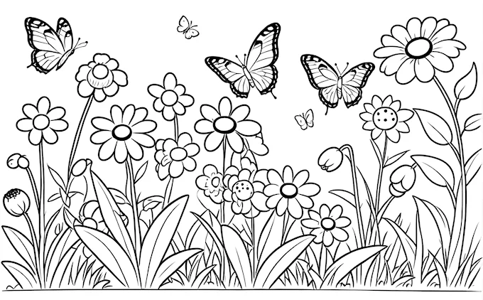 Flowers and butterflies in grass with black border