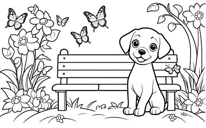 Dog on bench with butterflies and field of flowers