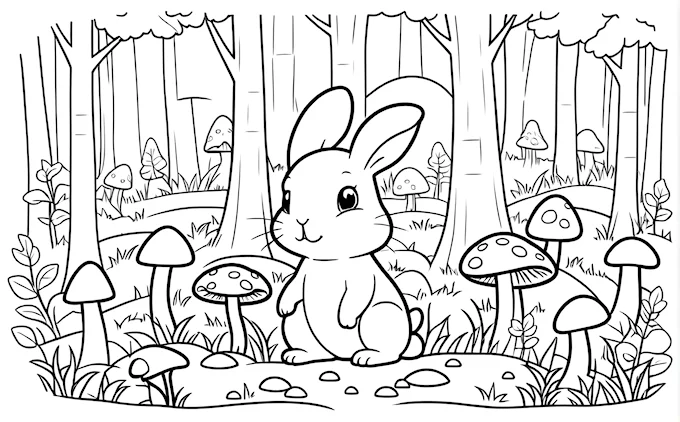 Rabbit in forest surrounded by mushrooms