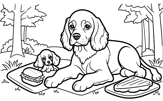 Dog laying on blanket with hot dog in lap, kids&#039; coloring page