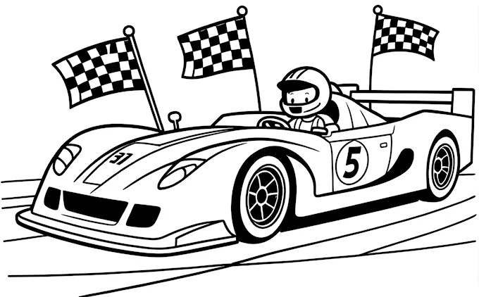 Race car with driver and checkered flags