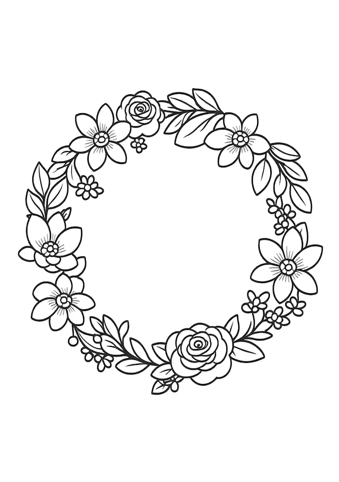 Artistic circular floral pattern coloring page