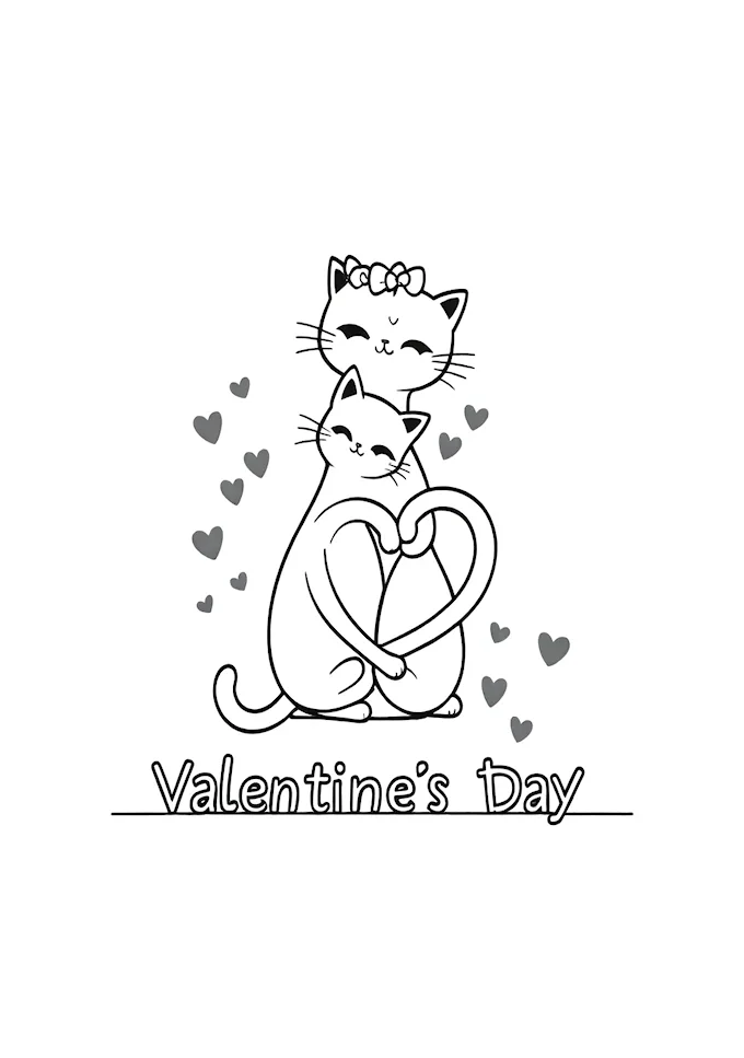 Valentine&#039;s Day cats with hearts drawing coloring page