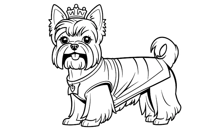 Dog wearing crown and sweater, black and white outline