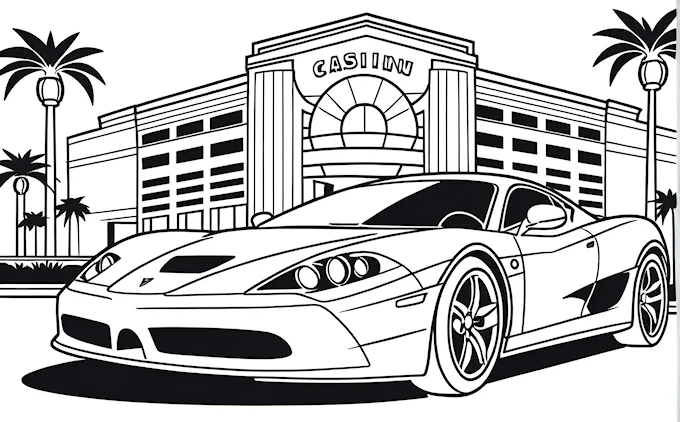 Sports car in front of casino with palm trees