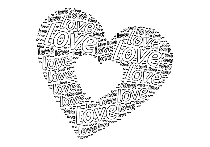 LOVE word and symbols heart collage coloring page