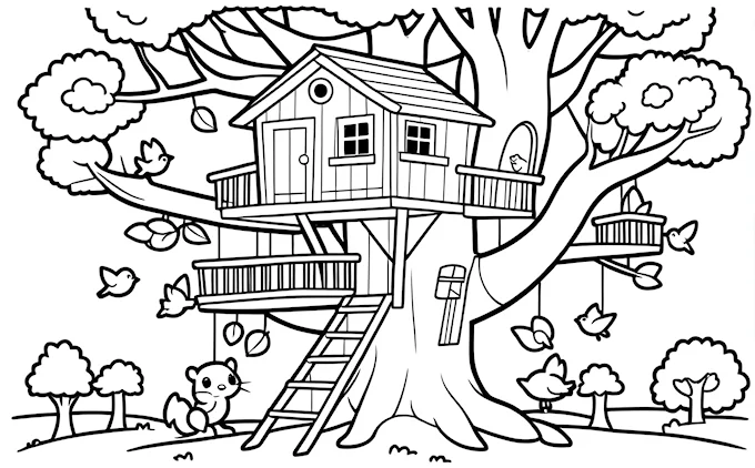 Tree house with multiple ladders, storybook illustration coloring page