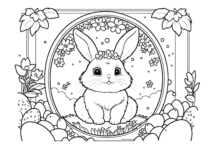 Fluffy bunny amidst eggs and flowers Easter scene