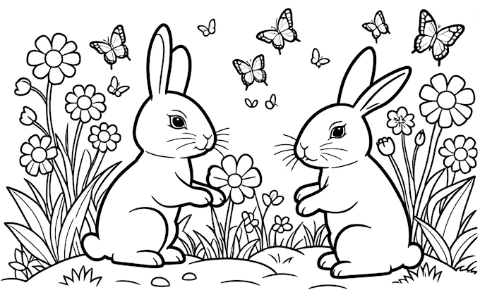 Rabbits in grass with butterflies